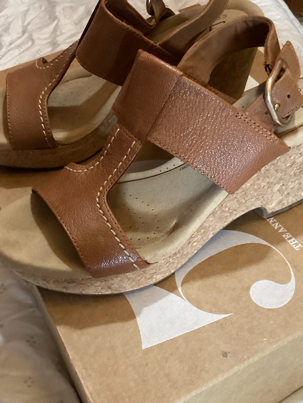 Clarks, Brown Leather Cork Wedge Sandals